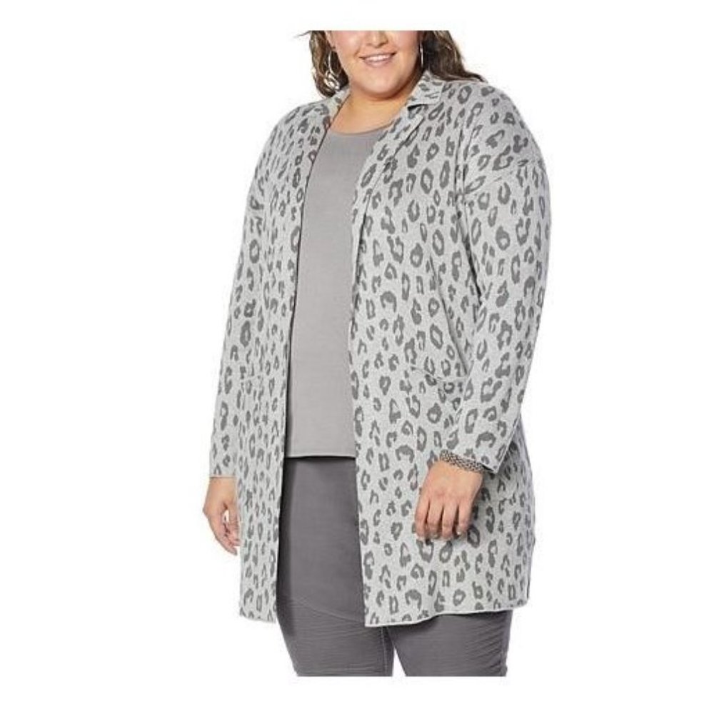 G by Giuliana Jacquard Sweater Knit Duster Cardigan Gray Leopard Size 1X NWOT